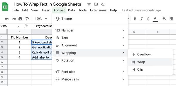 Wrap Text In Google Sheets Format Menu