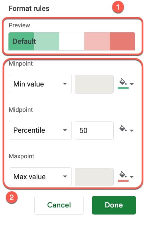 Heat map in Google Sheets Color Scheme