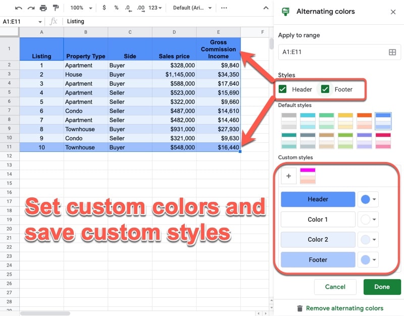 Custom Colors in Google Sheets Alternating Colors Menu