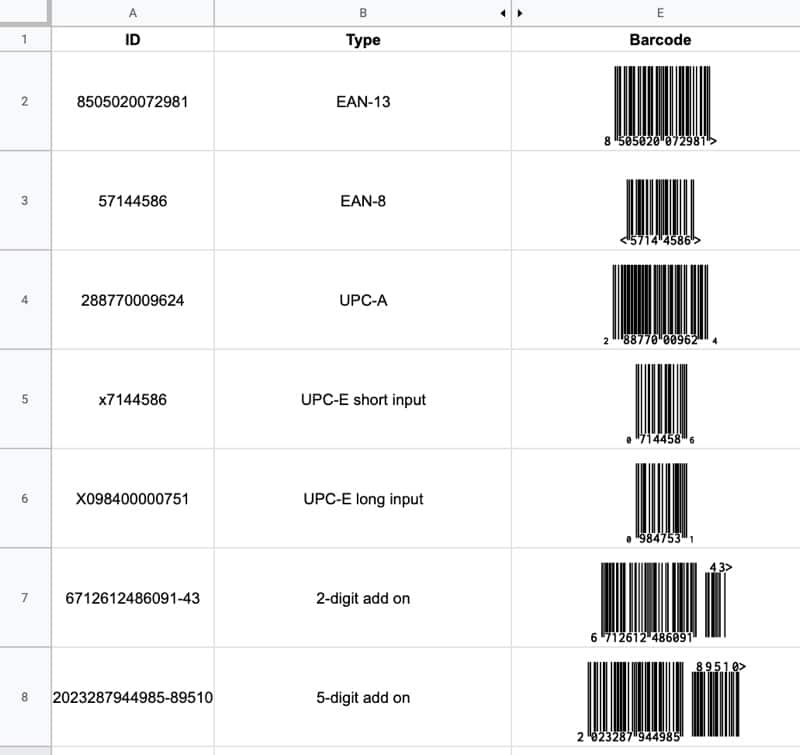 barcodes in Google Sheets