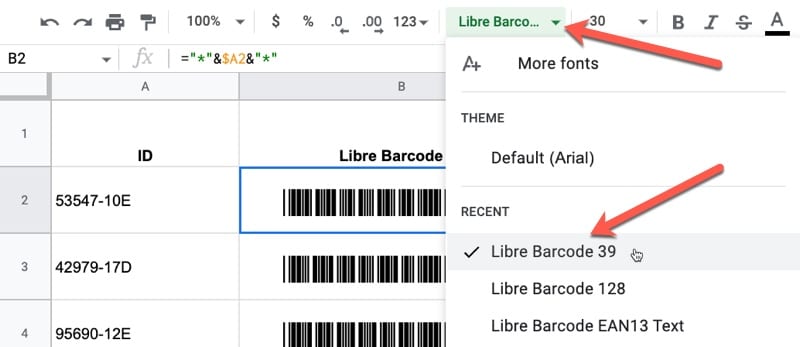 font Barcode Format Google Sheets