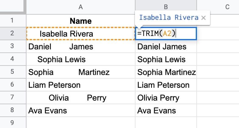 Trim Function Example In Google Sheets