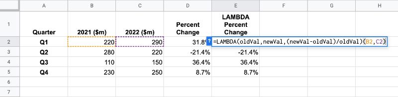 Lambda Function in Google Sheets Percent Change Formula