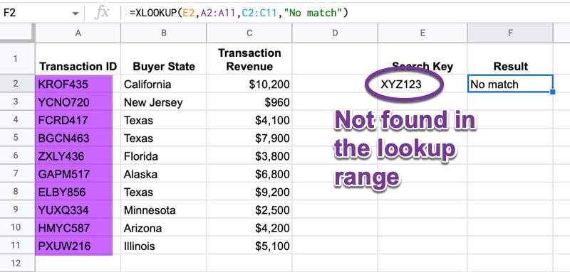 XLOOKUP Function No Match