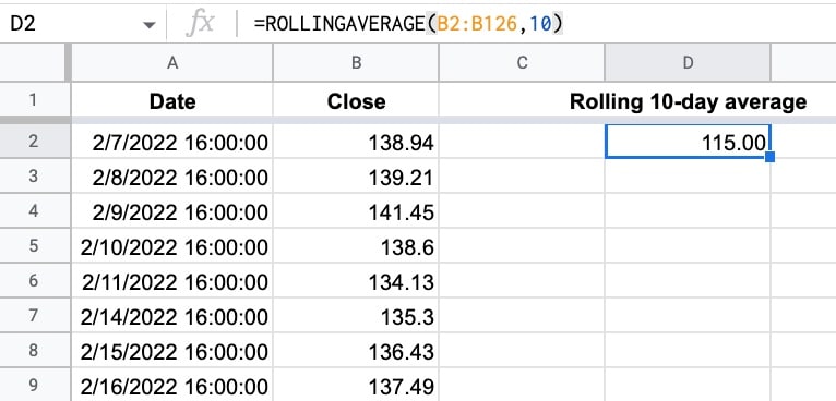 rolling Average in Google Sheets