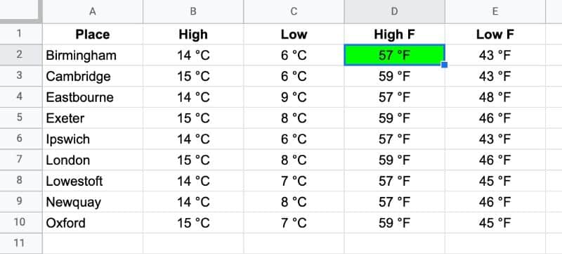 temp Array Output in Google Sheets