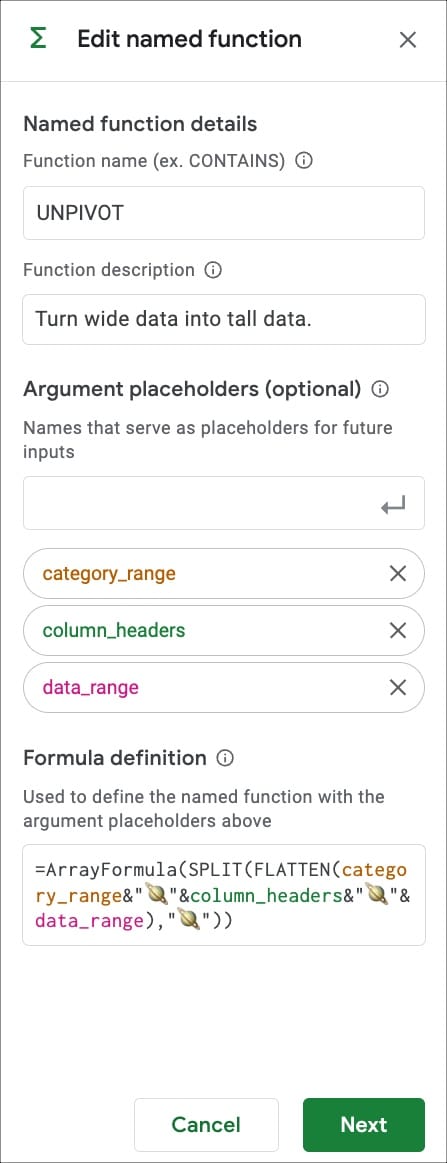 unpivot Named Functions Definition