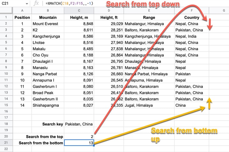 Google Sheets Xmatch Search Modes