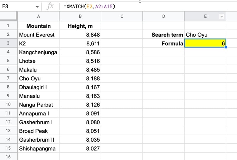 Xmatch Function Google Sheets Simple Example