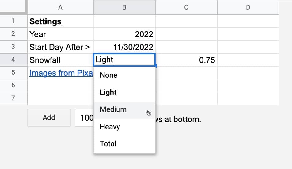 Advent Calendar in Sheets Drop Down