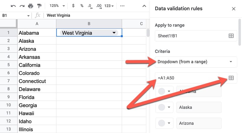 Drop-Down From A Range In Google Sheets