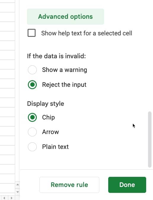 Google Sheets Drop-Down Chips Advanced Options