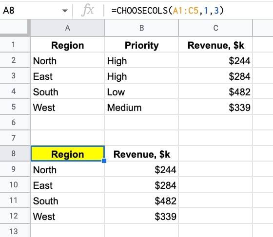 CHOOSECOLS Function Google Sheets