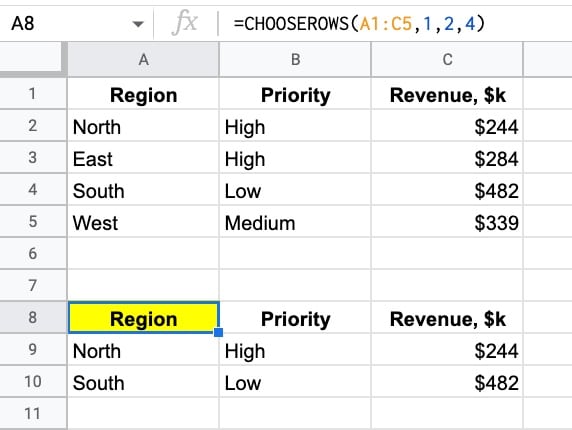 CHOOSEROWS Function Google Sheets