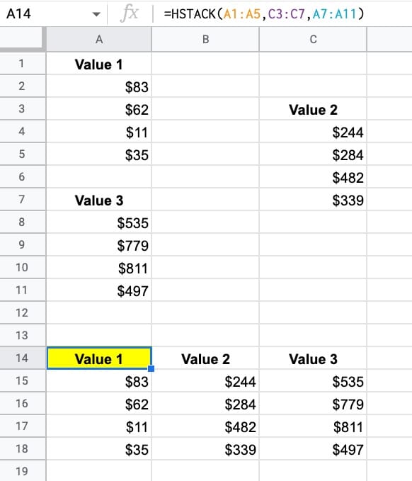 HSTACK Function Google Sheets