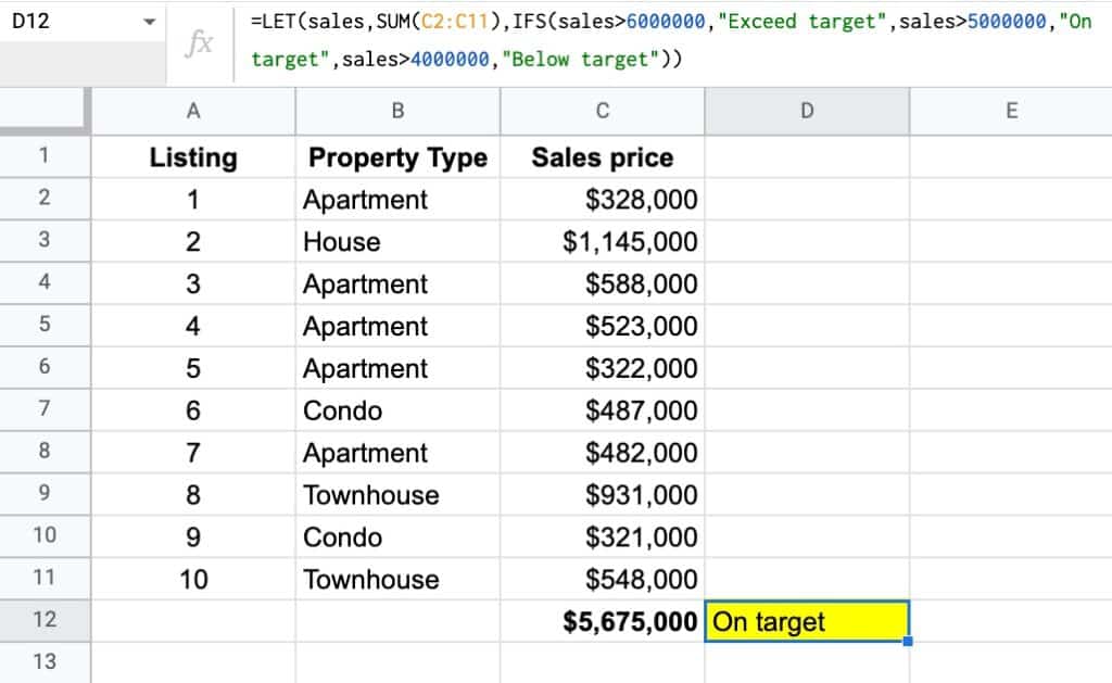 LET Function Google Sheets