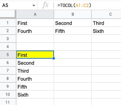 TOCOL Function Google Sheets
