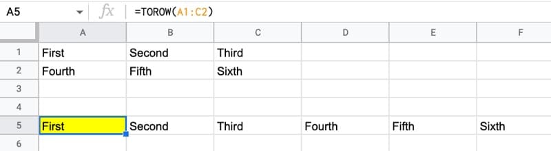 TOROW Function Google Sheets