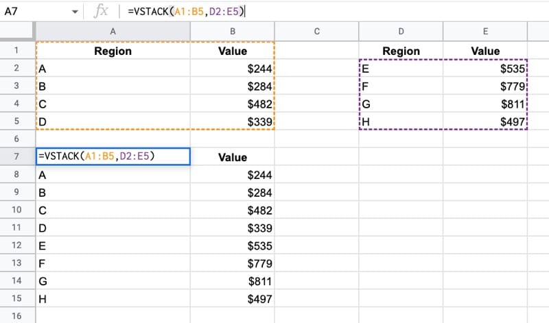 VSTACK Function Google Sheets