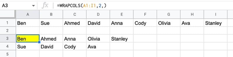 WRAPCOLS Function Google Sheets