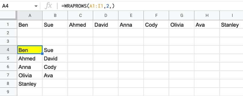 WRAPROWS Function Google Sheets
