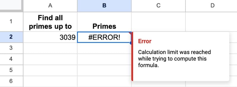 Prime Number Recursion in Google Sheets Error