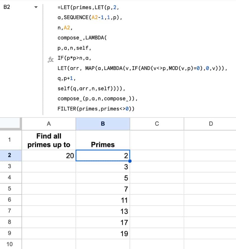 Prime Number Recursion In Google Sheets