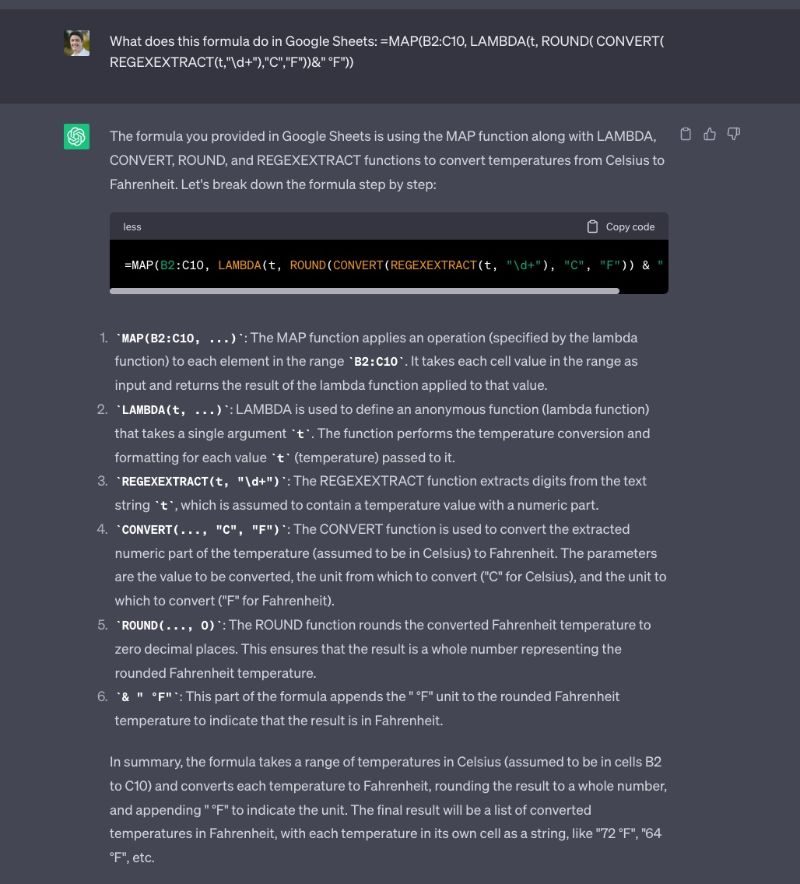 ChatGPT explaining a complex formula in Google Sheets