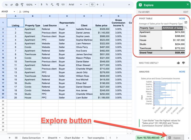 Explore in Google Sheets