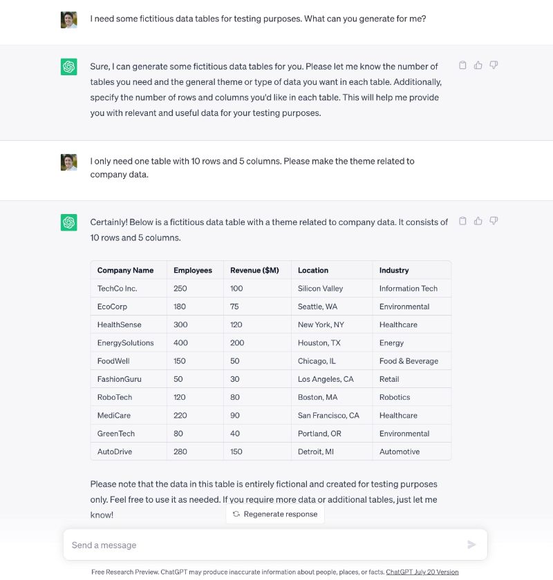 Generate fake data with ChatGPT