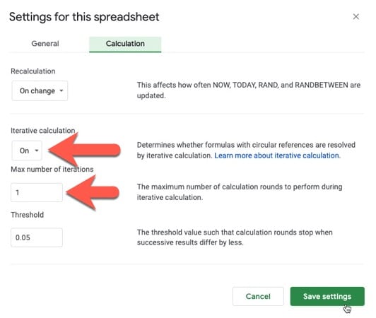 Iterative Calculation Settings in Google Sheets