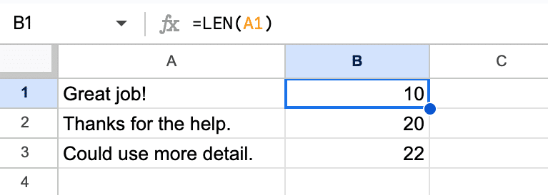 Basic LEN Function Google Sheets