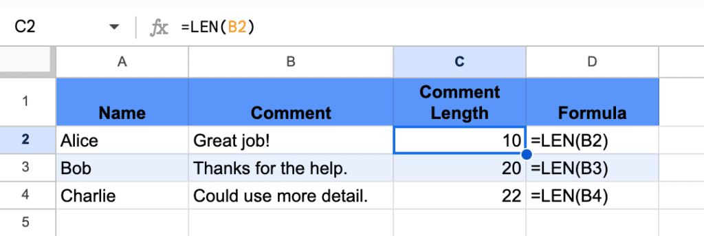 Google Sheets LEN Formula