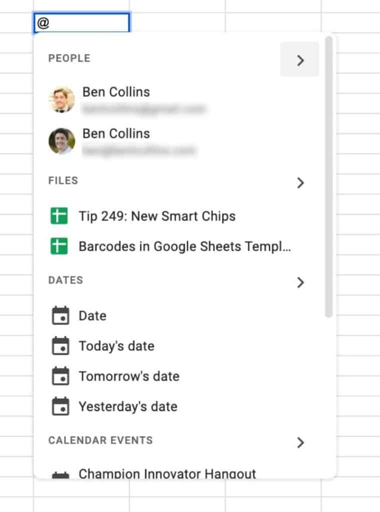 At Menu for Smart Chips in Google Sheets