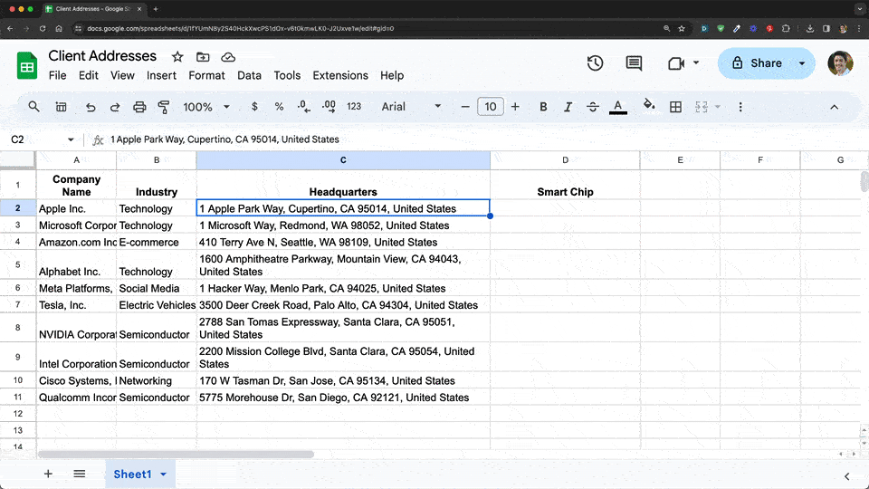 Place Smart Chip in Google Sheets