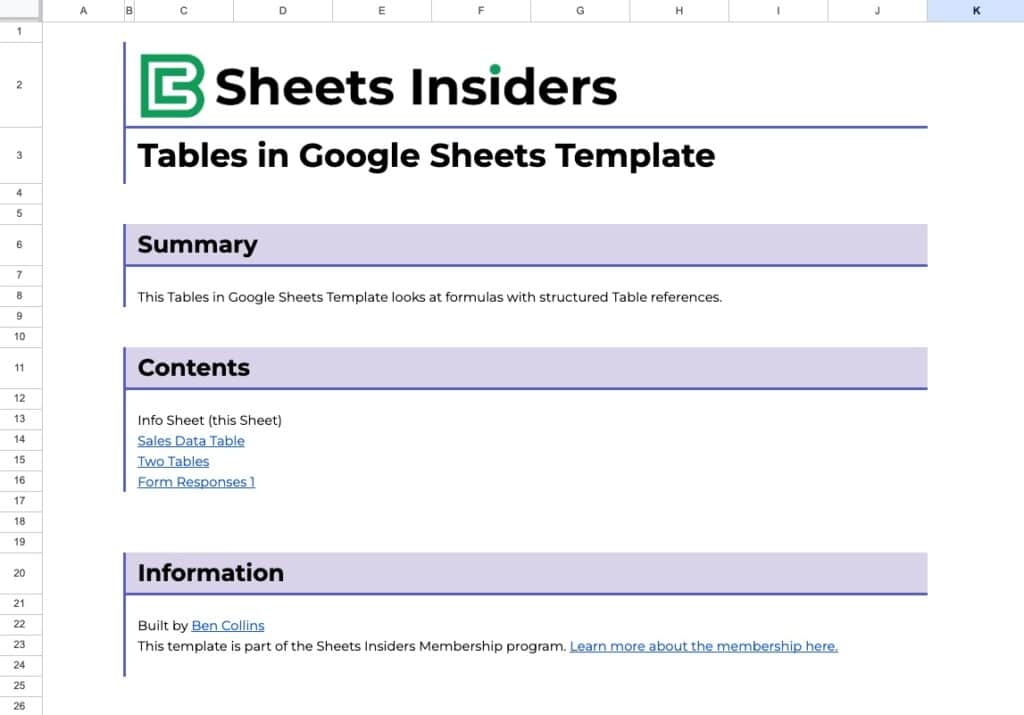 Tables Template for Sheets Insiders