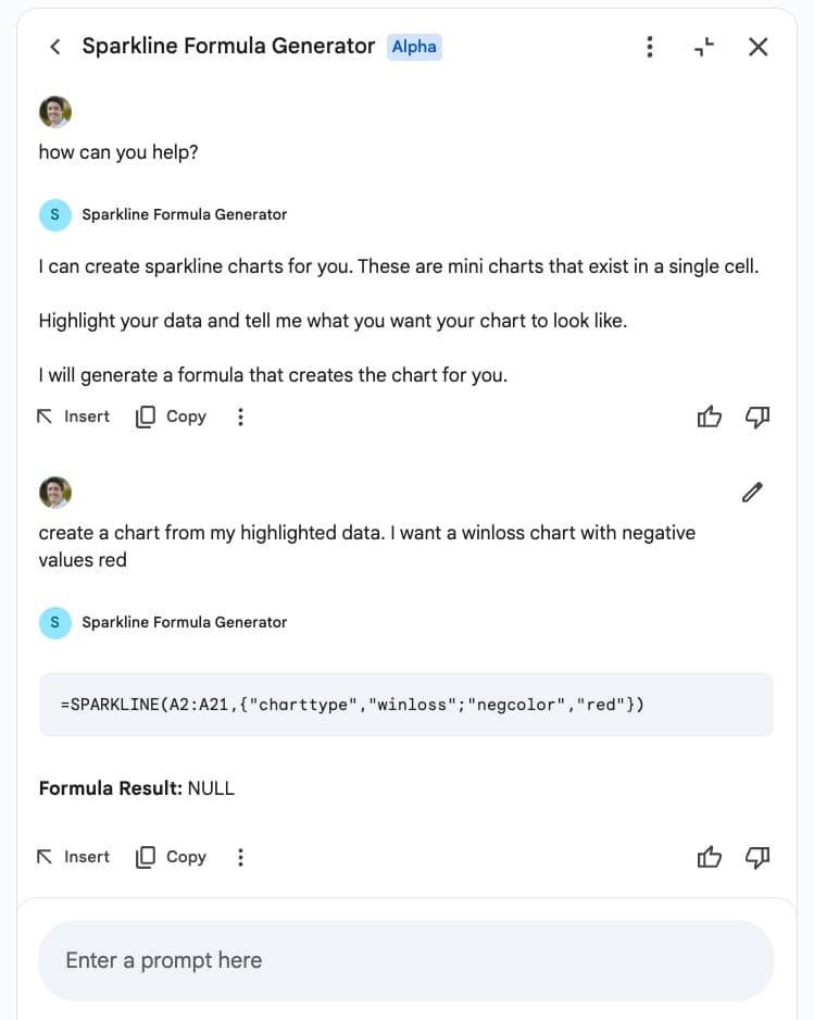 Gem prompt in Gemini sidebar of Google Sheets