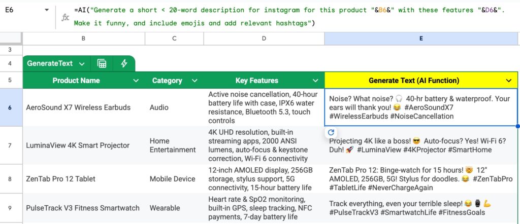 Generate marketing copy in Google Sheets with AI formulas