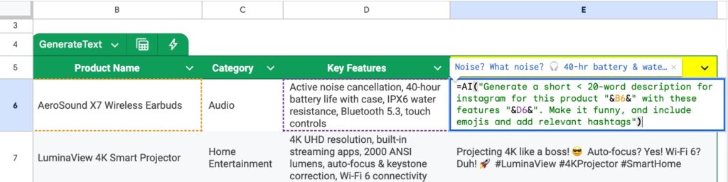 Using cell references inside the AI function