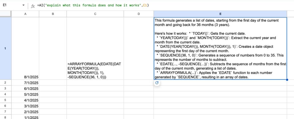 Explain formulas with the AI function in Google Sheets