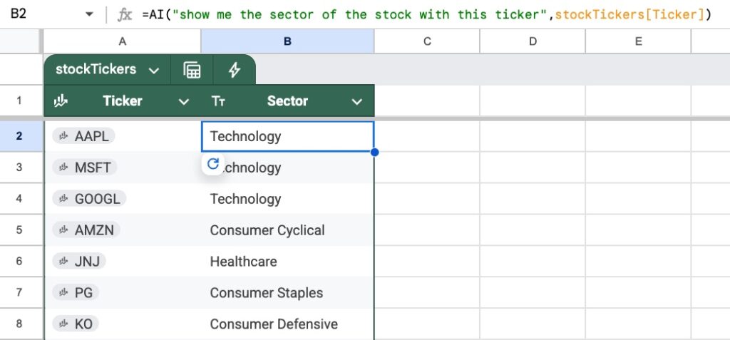 Categorize stock tickers with the AI function in Google Sheets