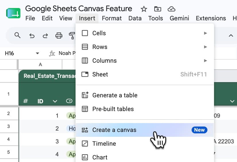 Toolbar menu to insert a Sheets Canvas