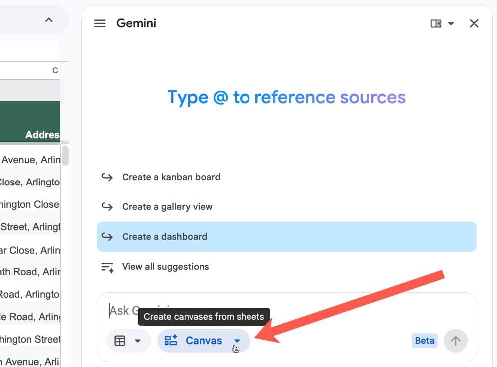 Canvas feature in Gemini sidebar of Google Sheet